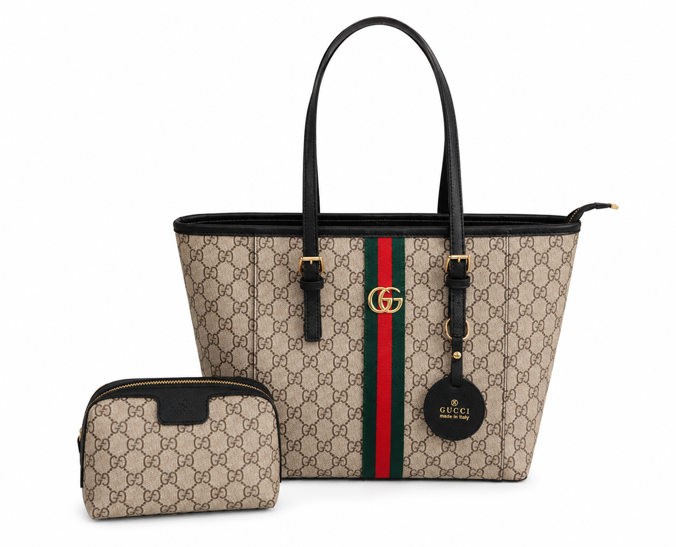 Gucci Signature GG Stripe Tote Bag with Pouch