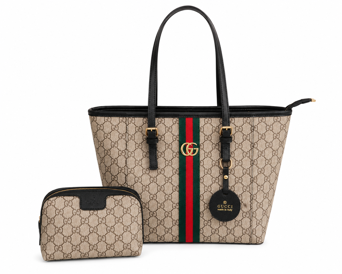 Gucci Signature GG Stripe Tote Bag with Pouch