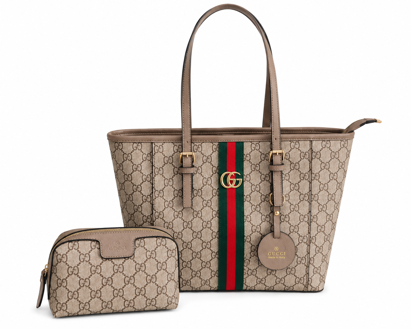 Gucci Signature GG Stripe Tote Bag with Pouch